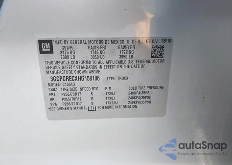 2017 Chevrolet Silverado 1500 1Lt из США, поврежденный, VIN 3GCPCRECXHG158186